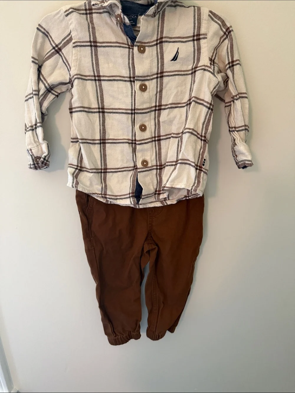 Nautica White Plaid Button-Up with Brown Pants Set